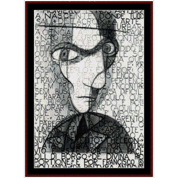 Counted Cross Stitch Pattern – Self Portrait by Almada Negreiros - Cross Stitch Collectibles - A framed black and white portrait artwork featuring a stylized face composed of overlapping Spanish text,