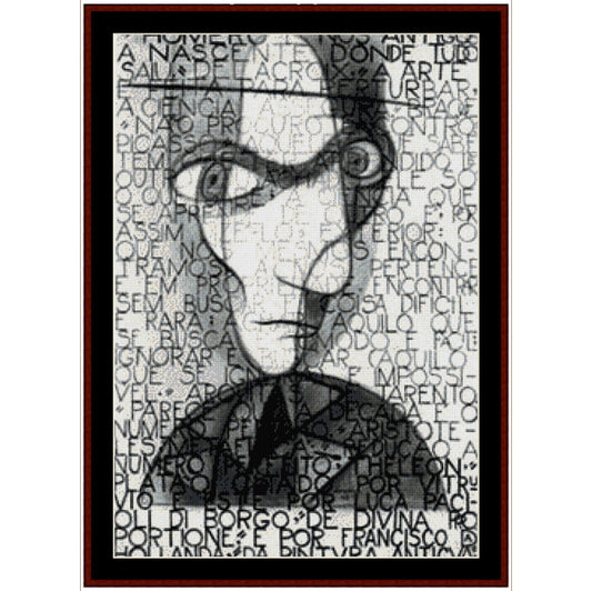 Counted Cross Stitch Pattern – Self Portrait by Almada Negreiros - Cross Stitch Collectibles - A framed black and white portrait artwork featuring a stylized face composed of overlapping Spanish text,