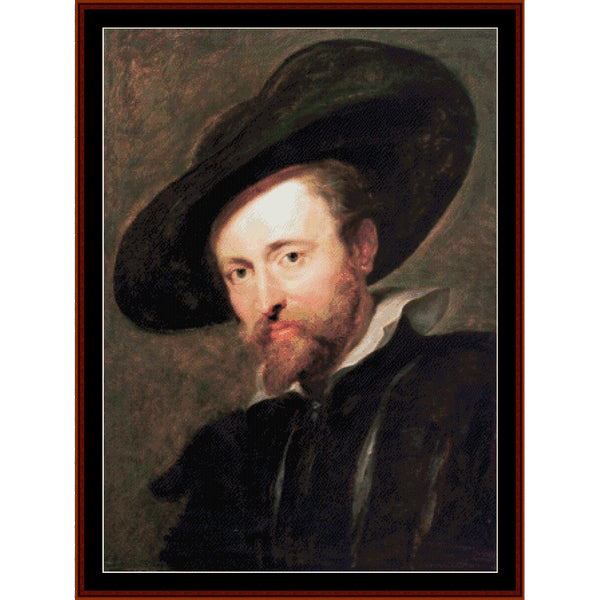 Counted Cross Stitch Pattern: Self Portrait by Peter Paul Rubens - Cross Stitch Collectibles - A framed portrait painting of a man with a beard and wide-brimmed hat, shown against a muted brown background