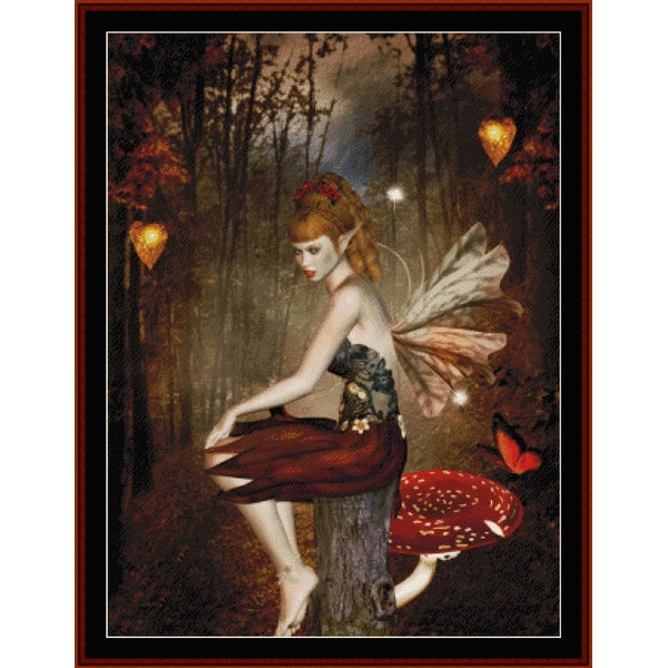 Counted Cross Stitch Pattern – Sentinel Woods, Fantasy - Cross Stitch Collectibles - A framed fantasy artwork showing a fairy with translucent wings sitting on a tree stump in a dark forest, with glowing heart-shaped lights, a butterfly, and a red-and-white mushroom. 