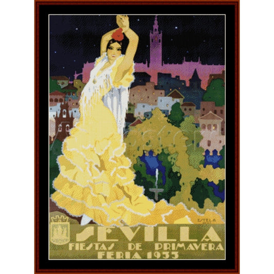 Counted Cross Stitch Pattern – Sevilla, Travel Poster - Cross Stitch Collectibles - A framed vintage-style poster or print featuring a flamenco dancer in a flowing yellow dress against a night cityscape in Seville, Spain, with the text 'SEVILLA FIESTAS DE PRIMAVERA FERIA 1935' at the bottom.