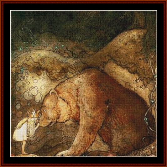Counted Cross Stitch Pattern – She Kissed the Bear by Jon Bauer - Cross Stitch Collectibles - A framed art print featuring a detailed illustration of a large brown bear and a small girl in a white dress, rendered in earthy brown, beige, and dark green tones