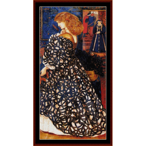 Counted Cross Stitch Pattern – Sidonia Von Bork by Edward Burne-Jones - Cross Stitch Collectibles - A framed art print featuring a reproduction of Giotto's fresco painting 'The Virgin of the Rocks' showing a woman in a black and white patterned gown