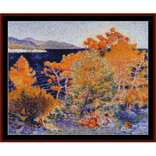 Counted Cross Stitch Pattern – Siesta by the Water by H.E. Cross - Cross Stitch Collectibles - A framed pointillist landscape painting featuring vibrant orange and yellow autumn trees beside a dark blue body of water