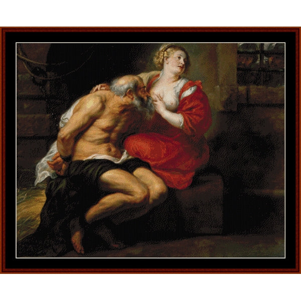 Counted Cross Stitch Pattern – Simon and Pero by Peter Paul Rubens - Cross Stitch Collectibles - Artistic depiction of a man and woman in a classical setting with a dark frame.