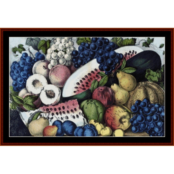 Counted Cross Stitch Pattern – Still Life with Fruit, Vintage Art - Cross Stitch Collectibles - A framed still life artwork depicting an abundant assortment of fruit, including blue grapes, watermelon slices, peaches, pears, apples, and melons, surrounded by green leaves