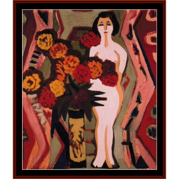 Counted Cross Stitch Pattern – Still Life with Sculpture by E.L. Kirchner - Cross Stitch Collectibles - A framed abstract artwork depicting a nude female figure beside a large bouquet of red, orange, and yellow flowers, rendered in a stylized cubist-like palette with pink, red, black, beige, and brown tones.