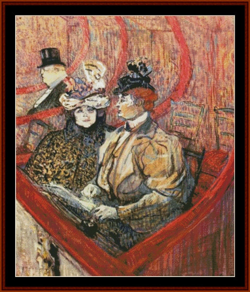 Counted Cross Stitch Pattern – The Grand Tier by Toulouse Lautrec - Cross Stitch Collectibles - A framed impressionist-style painting depicting two women seated in a red interior, with a man in a top hat in the background. The artwork uses expressive brushstrokes in red, beige, brown, black, and muted blue tones