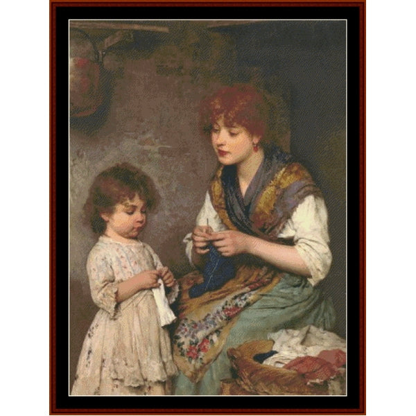 Vintage-style Counted Cross Stitch Pattern by Cross Stitch Collectibles of a woman and child in a domestic setting.