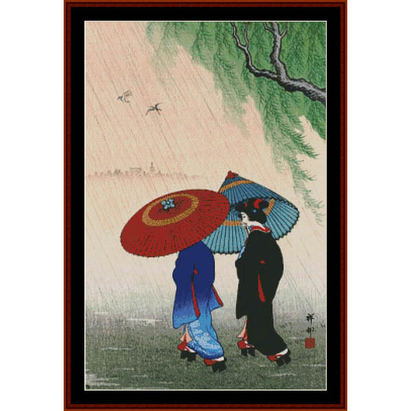 Counted Cross Stitch Pattern – Two Beauties in the Rain, Asian Art - Cross Stitch Collectibles