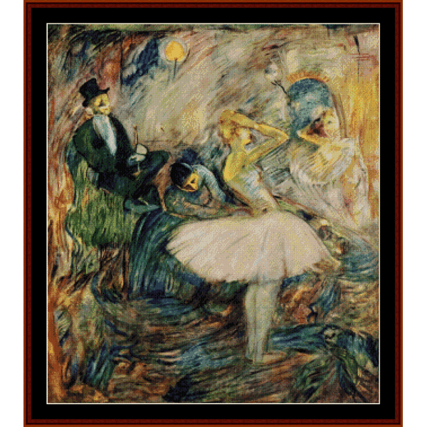 Counted Cross Stitch Pattern by Cross Stitch Collectibles depicting a historical painting of a dancer in a dressing room with spectators, with a man seated and a woman in the center wearing a white dress.