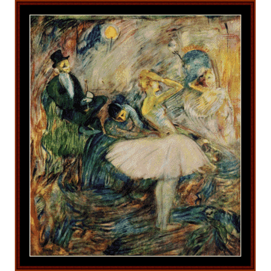 Counted Cross Stitch Pattern by Cross Stitch Collectibles depicting a historical painting of a dancer in a dressing room with spectators, with a man seated and a woman in the center wearing a white dress.