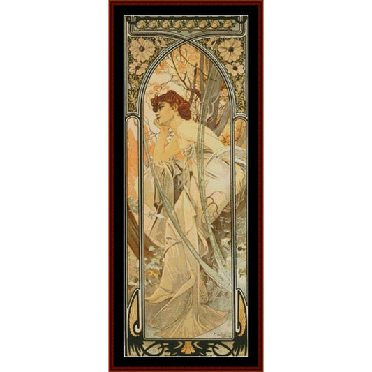 Art Nouveau-style Counted Cross Stitch Pattern by Cross Stitch Collectibles of a woman with floral elements