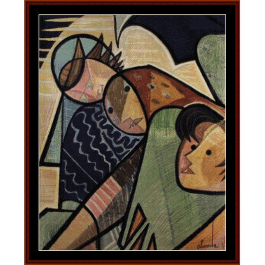Abstract Counted Cross Stitch Pattern by Cross Stitch Collectibles with geometric shapes and colors, featuring a central figure and two smaller figures.