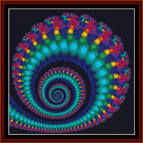 Counted Cross Stitch Pattern by Cross Stitch Collectibles  of a fractal spiral design with multiple colors on a dark background, framed within a larger spiral pattern.