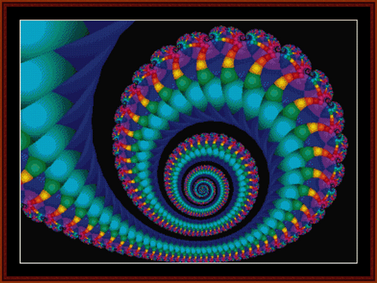 A colorful fractal Counted Cross Stitch Pattern by Cross Stitch Collectibles  with a spiral design.
