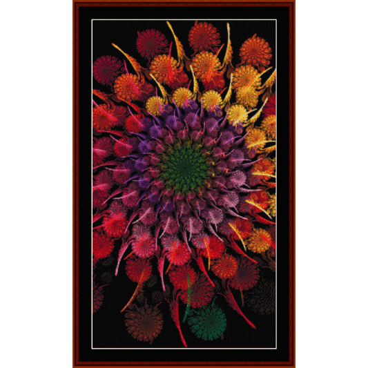 A colorful cross stitch pattern by Cross Stitch Collectibles featuring a vibrant, detailed floral design with a central hub and radiating petals, bordered by a dark background.