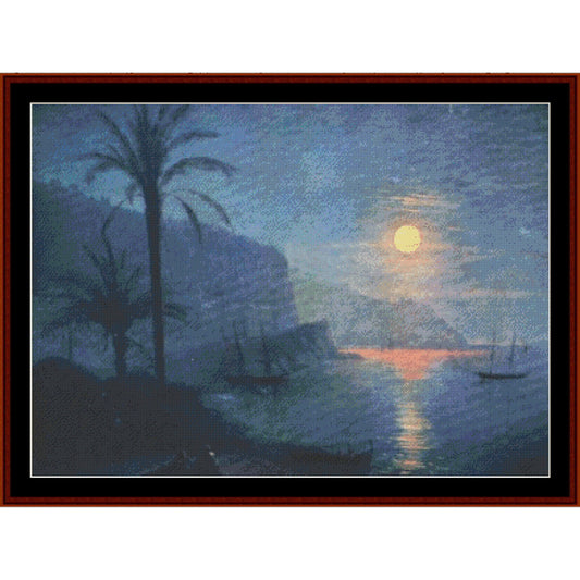 Ivan Aivazovsky  - A framed scenic artwork depicting a moonlit coastal landscape with palm trees, silhouetted cliffs, small boats on the water, and a glowing sun or moon reflecting over the sea.