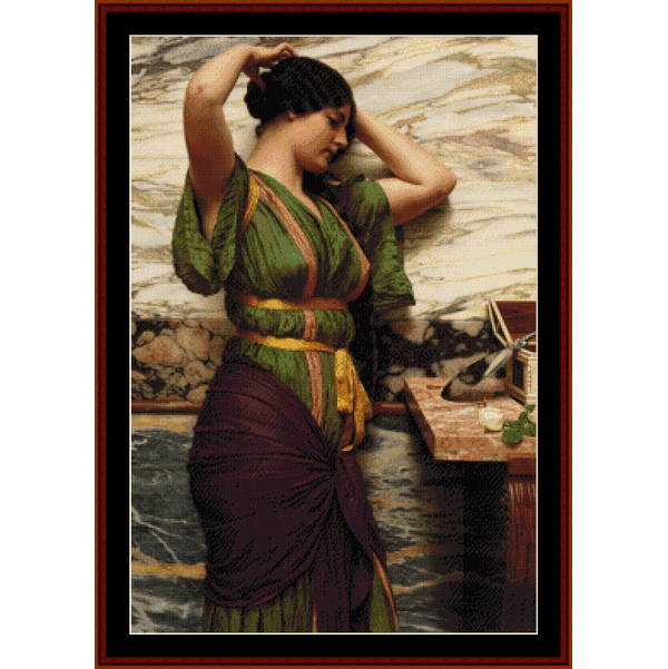 Counted Cross Stitch Pattern by Cross Stitch Collectibles - Woman in a green and purple dress standing by a marble wall