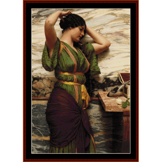 Counted Cross Stitch Pattern by Cross Stitch Collectibles - Woman in a green and purple dress standing by a marble wall