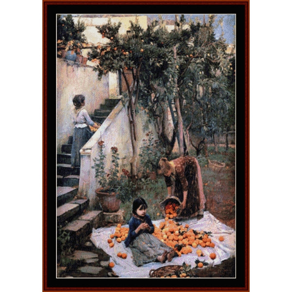 J.W. Waterhouse  - Framed art print depicting a vintage outdoor scene with figures near stone steps and trees laden with oranges