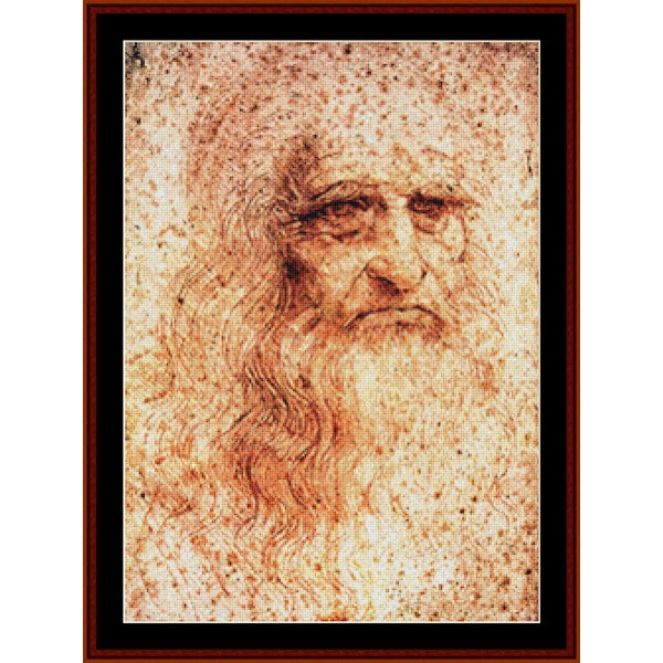 Leonardo da Vinci  - A framed portrait artwork depicting an elderly man with a long beard, rendered in warm sepia and brown tones on a light textured background