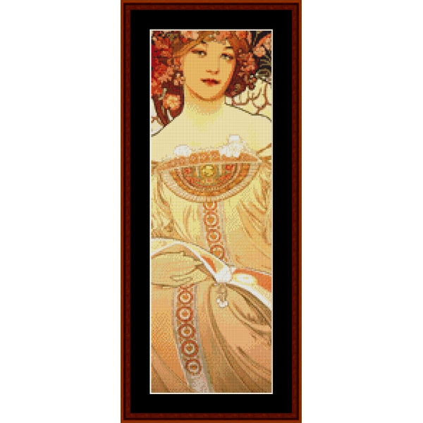 Mini Counted Cross Stitch Pattern – Reverie by Alphonse Mucha - Cross Stitch Collectibles - A framed art print featuring an Art Nouveau style portrait of a woman in a beige gown with red and gold decorative details