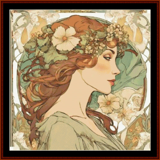 Art Nouveau style Counted Cross Stitch Pattern by Cross Stitch Collectibles of a woman with flowers in her hair