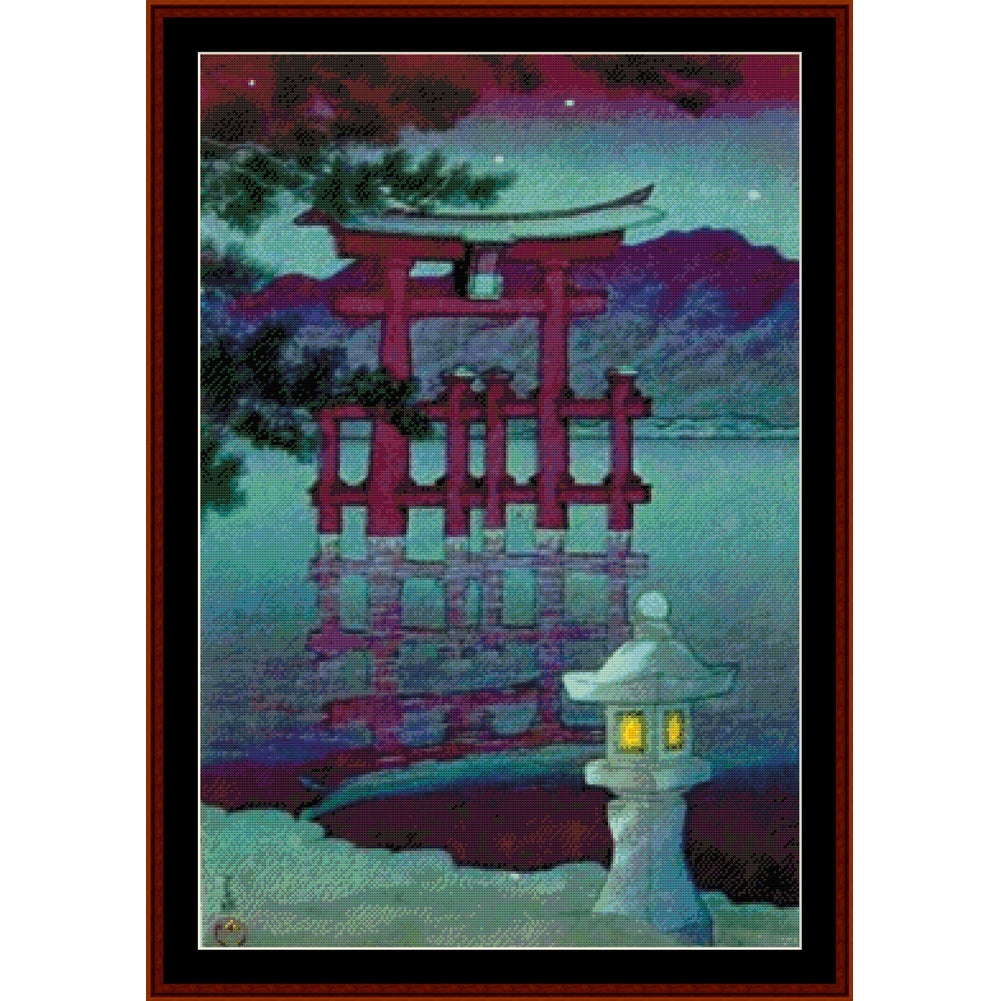 Night Shrine, Asian Art  - A framed art print depicting a Japanese torii gate at dusk or dawn, reflected in water, with a white stone lantern in the foreground