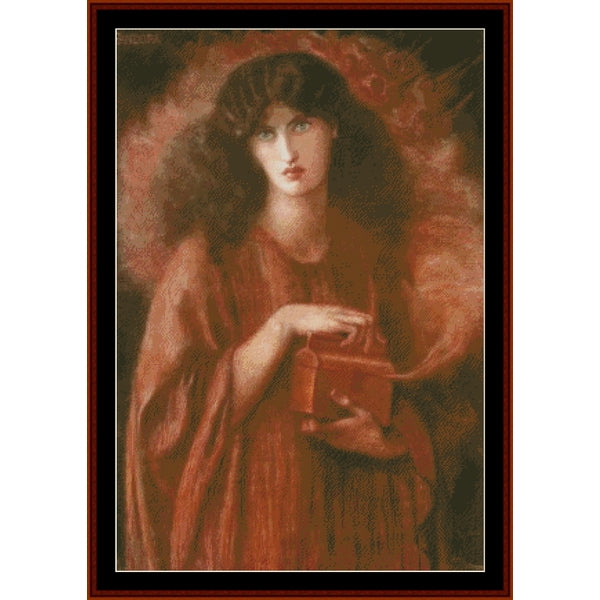 Counted Cross Stitch Pattern by Cross Stitch Collectibles of a woman holding a lantern with a warm, reddish-brown color palette.