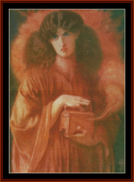 Counted Cross Stitch Pattern by Cross Stitch Collectibles of a woman holding a lantern with warm tones.