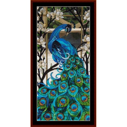 Counted Cross Stitch Pattern by Cross Stitch Collectibles  of a peacock with detailed feathers and a window in the background.