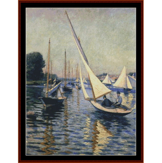Regatta at Argenteuil  - Impressionist-style painting of several sailboats on calm water