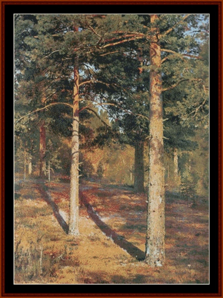 Counted Cross Stitch Pattern by Cross Stitch Collectibles of a forest scene with tall trees casting shadows on the ground.