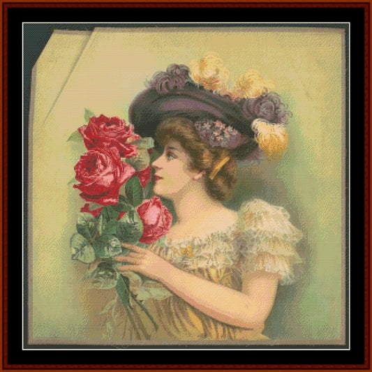 Lady with Roses - Vintage Poster pdf cross stitch pattern