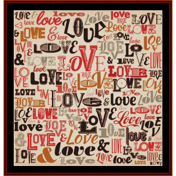 Counted Cross Stitch Pattern by Cross Stitch Collectibles - Wall art with various fonts and colors of the word 'love' on a beige background.