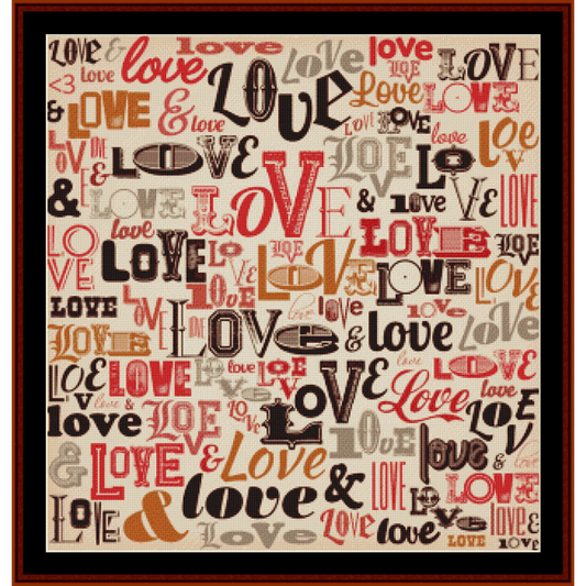 Counted Cross Stitch Pattern by Cross Stitch Collectibles - Wall art with various fonts and colors of the word 'love' on a beige background.