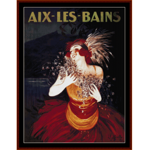 Vintage-style Counted Cross Stitch Pattern by Cross Stitch Collectibles of a woman in a red dress with 'Aix-les-Bains' text