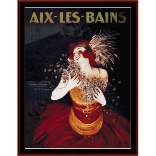 Vintage-style Counted Cross Stitch Pattern by Cross Stitch Collectibles of a woman in a red dress with 'Aix-les-Bains' text