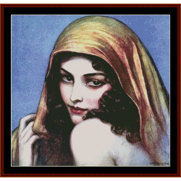 Wladyslaw Theodor Benda  - A framed vintage-style portrait print showing a woman with dark wavy hair and a gold-toned head covering against a blue background