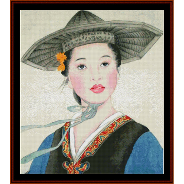 Counted Cross Stitch Pattern by Cross Stitch Collectibles of a woman wearing a traditional hat and garment with intricate details.