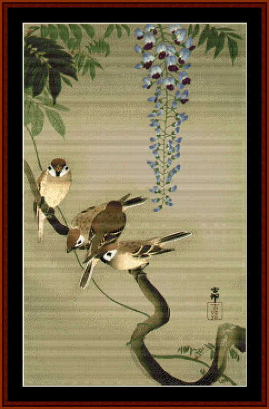 Sparrows and Wisteria cross stitch pattern