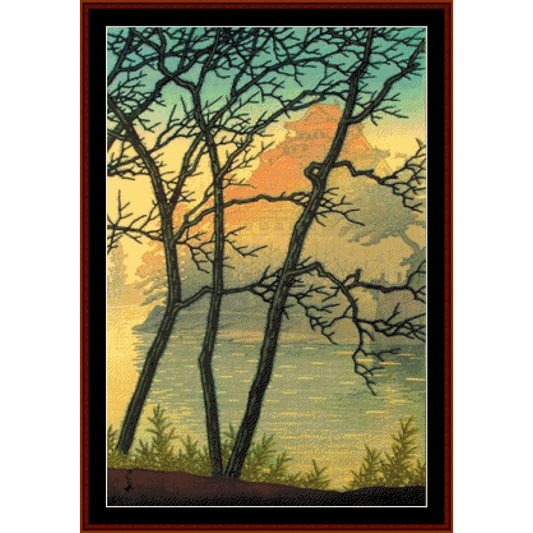 Counted Cross Stitch Pattern: Morning at Okyama Castle - Asian Art- Cross Stitch Collectibles