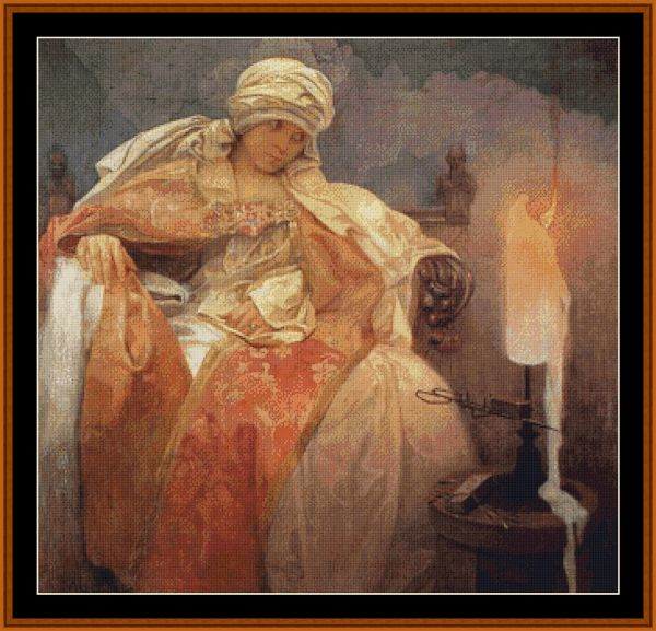 Woman with Burning Candle - Alphonse Mucha cross stitch pattern