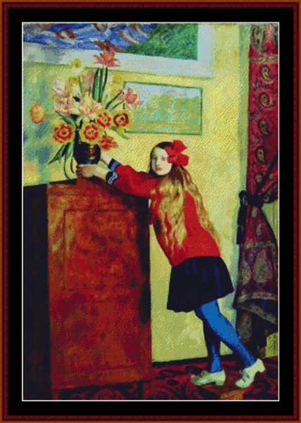 Girl with Flowers, 1917 - Boris Kustodiev cross stitch pattern