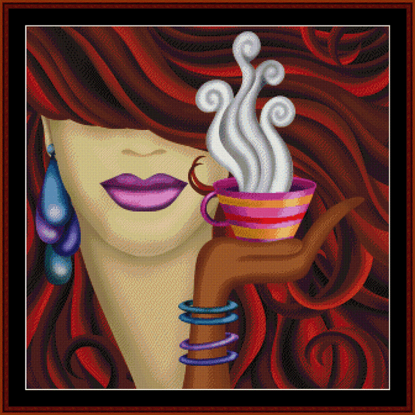 Woman and Cup of Coffee - Fantasy cross stitch pattern