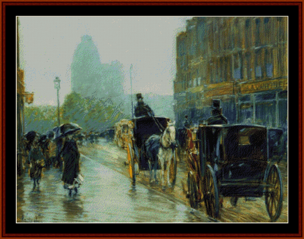 Horse Drawn Cabs, Evening, New York - Childe-Hassam pdf cross stitch pattern