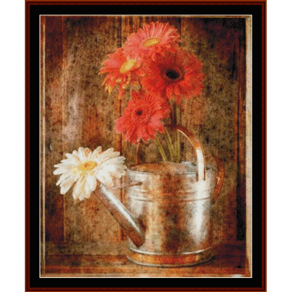 Gerbera Daisies in Watering Can cross stitch pattern