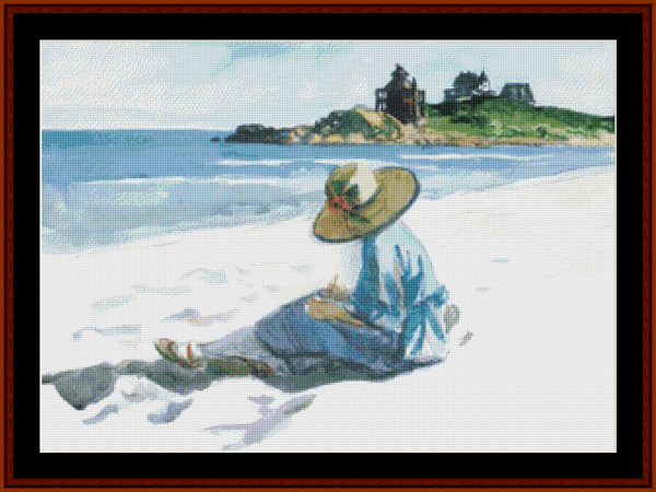 Jo Sketching at Good Harbour Beach - Edward Hopper cross stitch pattern