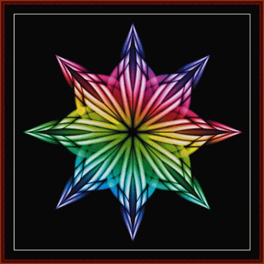 Colorful star-shaped Counted Cross Stitch Pattern by Cross Stitch Collectibles on a black background